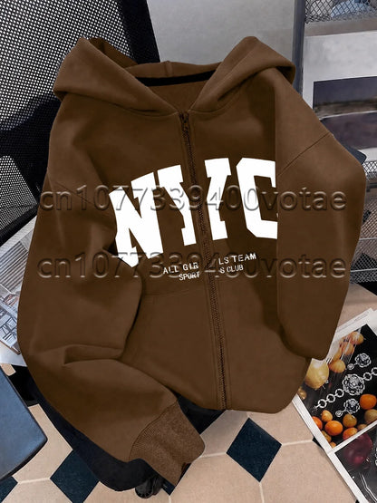 Fashion Letter Zip Up Hoodies Women Autumn Long Sleeve Tops Loose Hood Shirt Harajuku Y2K Clothes Female Sweatshirt Jacket