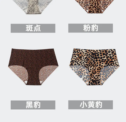 3pcs Women's Seamless Ice Silk Panties Female Mid Waist Plus Size Leopard Print Underwear Girls Fashion Brief Lady Comfort Panty