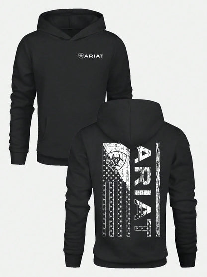Men's ARIAT Distressed American Flag Graphic Hoodie Casual Soft & Breathable Pullover Hooded Sweatshirt Fall Streetwear Outfits