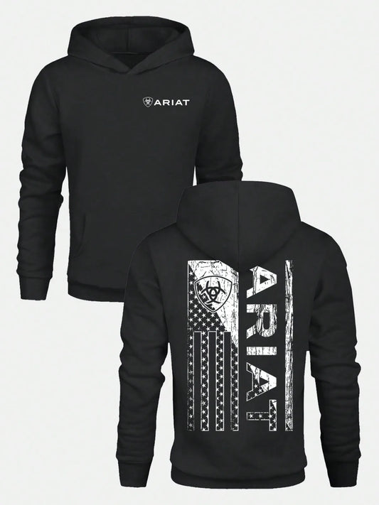Men's ARIAT Distressed American Flag Graphic Hoodie Casual Soft & Breathable Pullover Hooded Sweatshirt Fall Streetwear Outfits