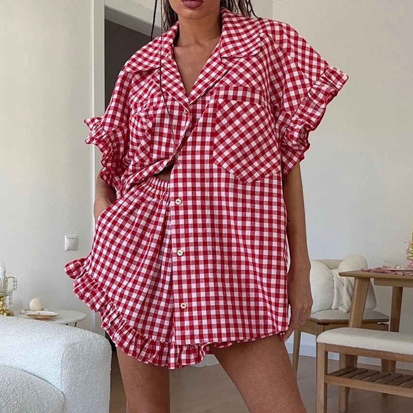Linad Office Single-Breasted Shirts Elegant Plaid High Waist Shorts With Button Up Shirts 2 Piece Set Street Chic Outfits Summer