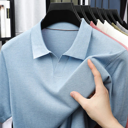 100%  Lyocell Knitwear 2025 Men Spring Summer Trendy Turn Down Collar Knit Tees Short Sleeve Breathable Knit Tops