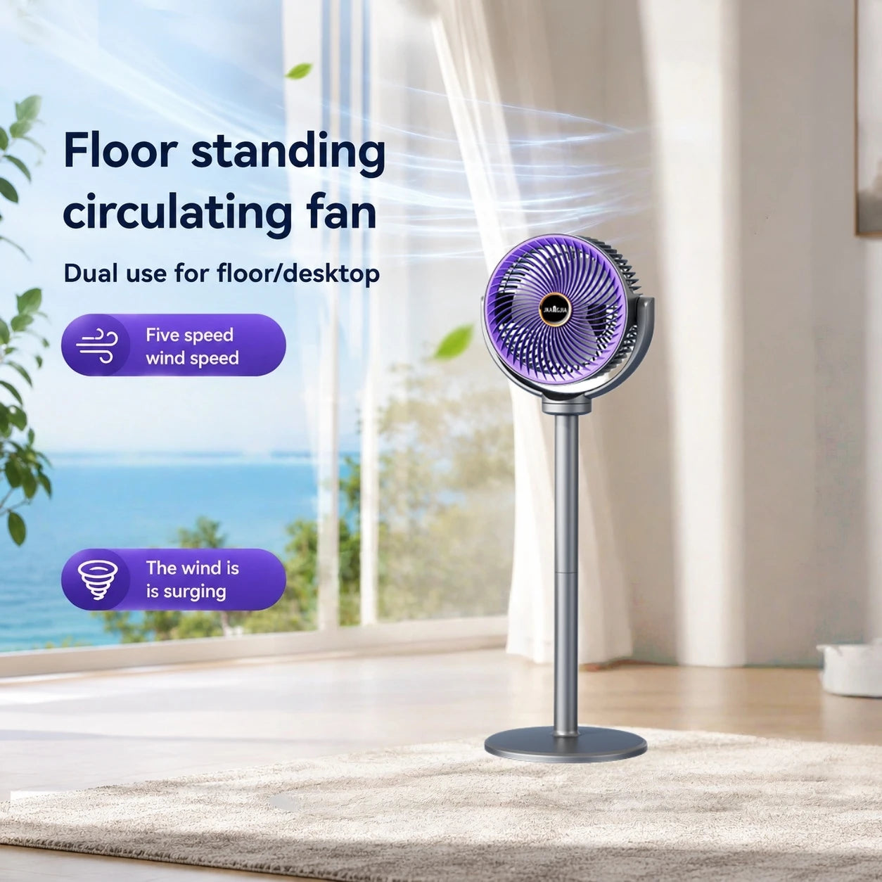 Modern 2-in-1 Floor Desk Air Circulator Fan 5 Speeds Powerful Airflow Portable USB Pedestal Fan for Home Bedroom Office