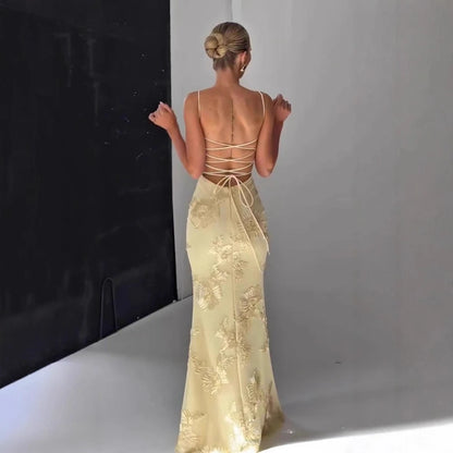 Backless Mermaid Dress Maxi Yellow Prom Gown With 3D Floral Embroidery - Sexy Lace Up Party