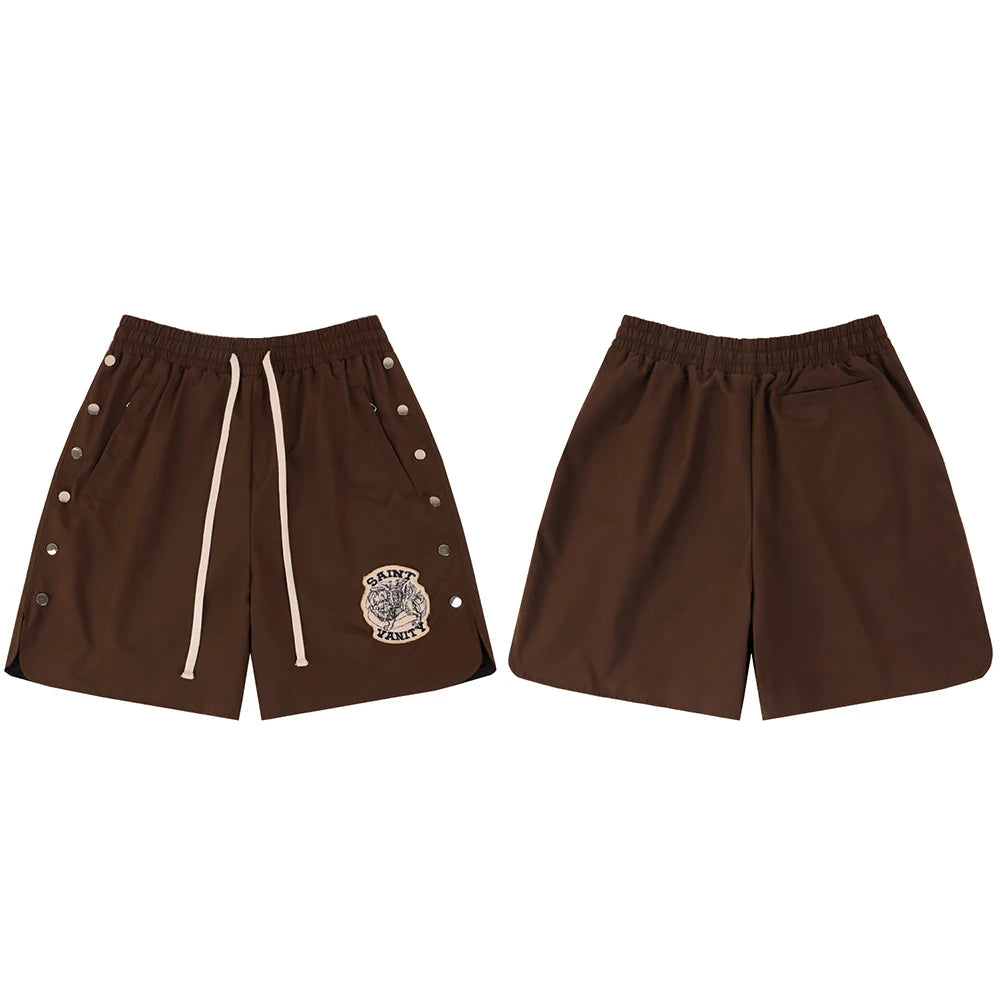 Side Button Embroidery Water Proof Thin Summer Shorts for Men Elastic Waist Drawstring Baggy Quick Dry Five Point Pants