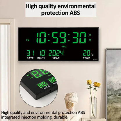Large Digital Wall Clock with Alarm Temperature  Date Display - 14 LED Plug-In Clock