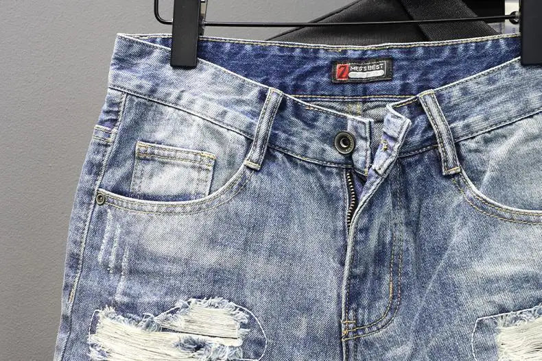 Men's Denim Shorts – Slim Fit Casual Knee Length Pants With Ripped Patch Detail