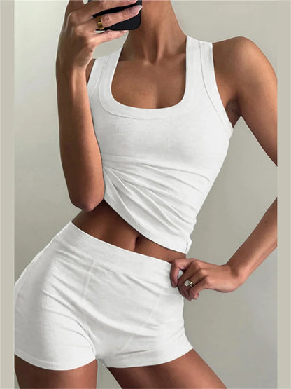 Nibber Ribbed Casual 2 Piece Set Women Tracksuit Sporty Square Collar Tank Tops+Shorts Suit Streetwear Simple Matching Outfits