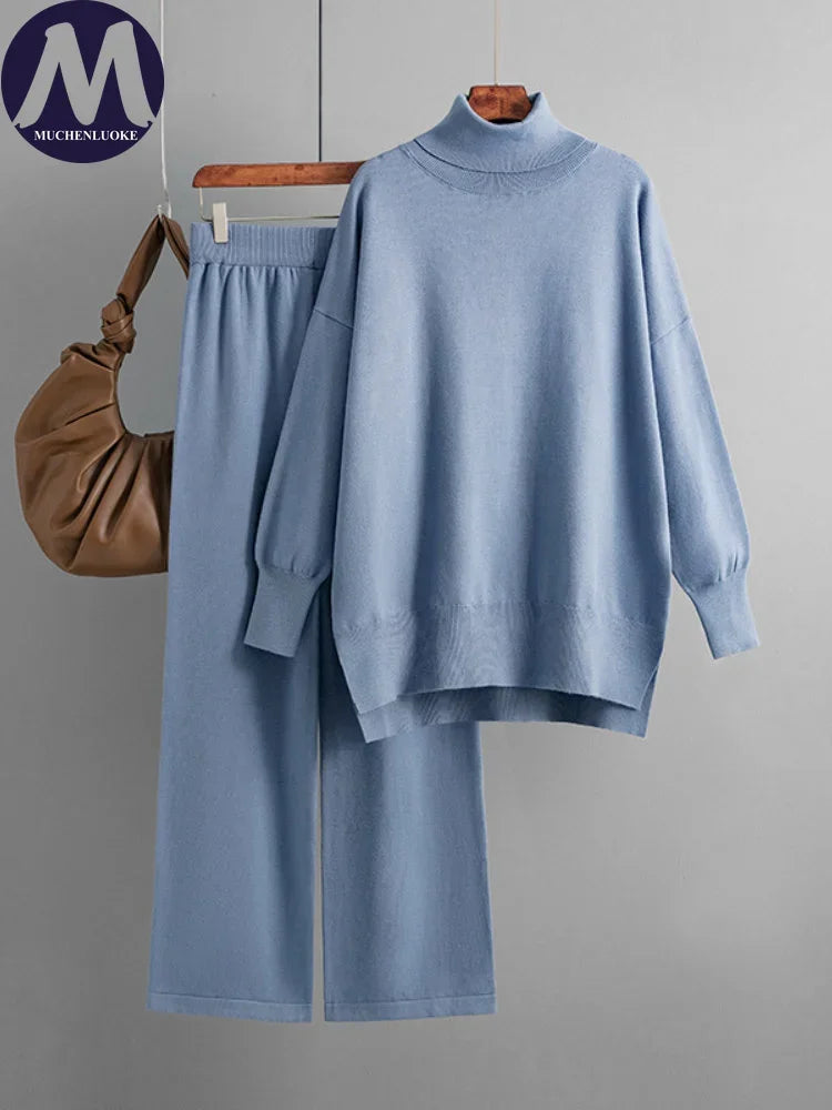 Women's Two Piece Set Autumn Winter High Collar Slit Knitted Sweater Pullover Fashion Casual Loose High Waist Pant Ensemble