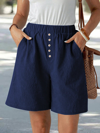 Summer Ladies Casual Loose Pocket Buttoned Linen Shorts Comfortable Breathable Loose Fit Short Pants for Women