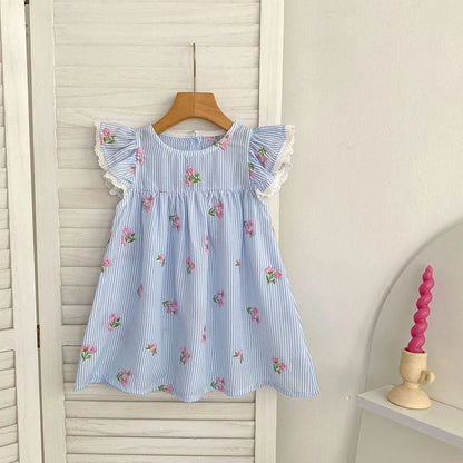 2026 New Summer 2-6Yrs Princess Round Neck Dress Striped Baby Girl Dress Flying Sleeve Cotton Embroidery Blue Sweet Dress