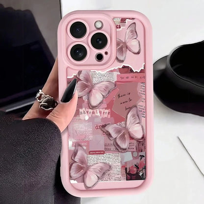 Pink Cute Butterfly Silicone Soft Phone Case For iPhone 17 16PRO 15 14 13 12 11PROMAX Shockproof Candy Cover