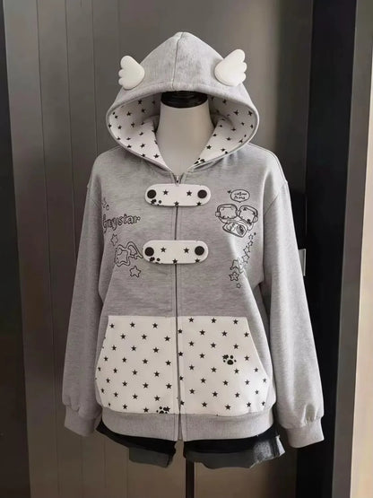 Y2K Vintage Zipper Hoodie Women Long Sleeve Subculture Purple Stripe Priint Harajuku Style Autumn Spting Casual Tops Streetwear