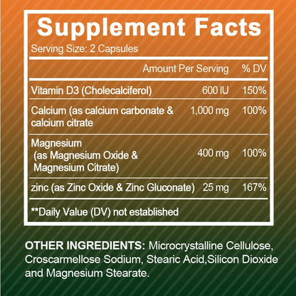 Alxfresh Calcium 1000mg Magnesium 400mg Zinc 25mg Vitamin D3 600 IU | Immune & Bone Nerve Support Health | Non-GMO | Gluten Free