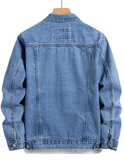 Men's Blue Denim Jacket for Spring and Autumn. Multi-Pocket Design. Regular Size with a Stylish Street Casual Style.