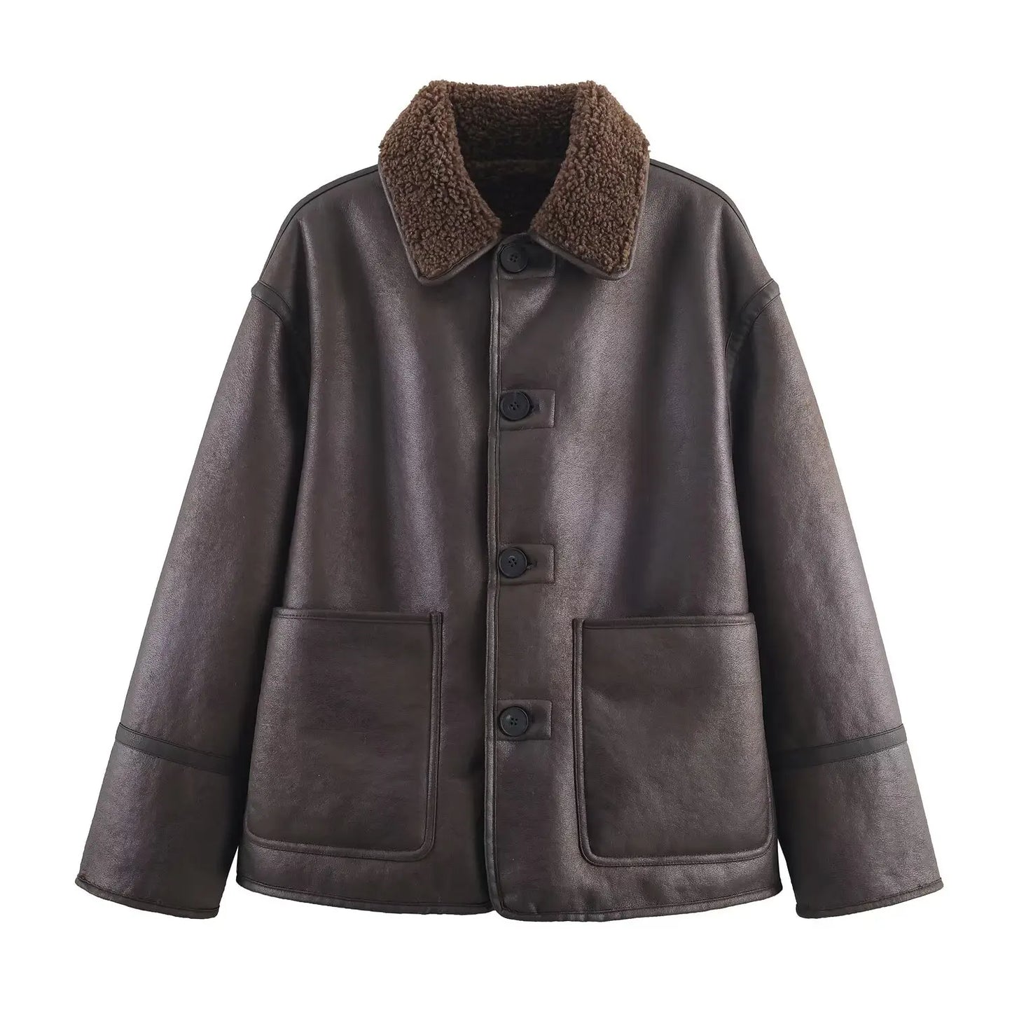 Women Warm Jacket - Casual Streetwear Single Breasted Lapel Collar Coat With Button Decoration