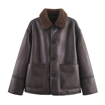 Women Warm Jacket - Casual Streetwear Single Breasted Lapel Collar Coat With Button Decoration