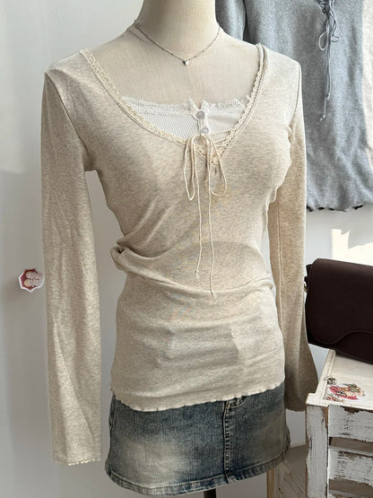 Beige Lace Trim Long Sleeve Tees Women Autumn New Streetwear Cotton Slim Sexy V-neck Lace-up Tops Sweet Simple Chic T-shirts Y2K
