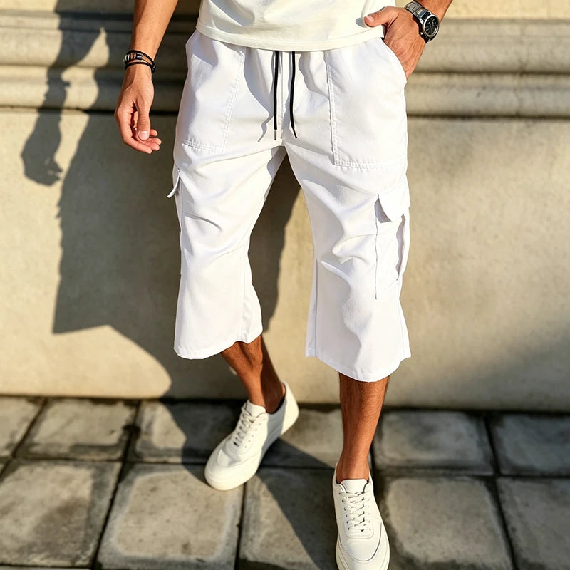 2026 New Men Multi Pocket Cargo Capri Shorts Loose Fit Daily Street Travel Outdoor Casual Drawstring Waist Cropped Short Pants