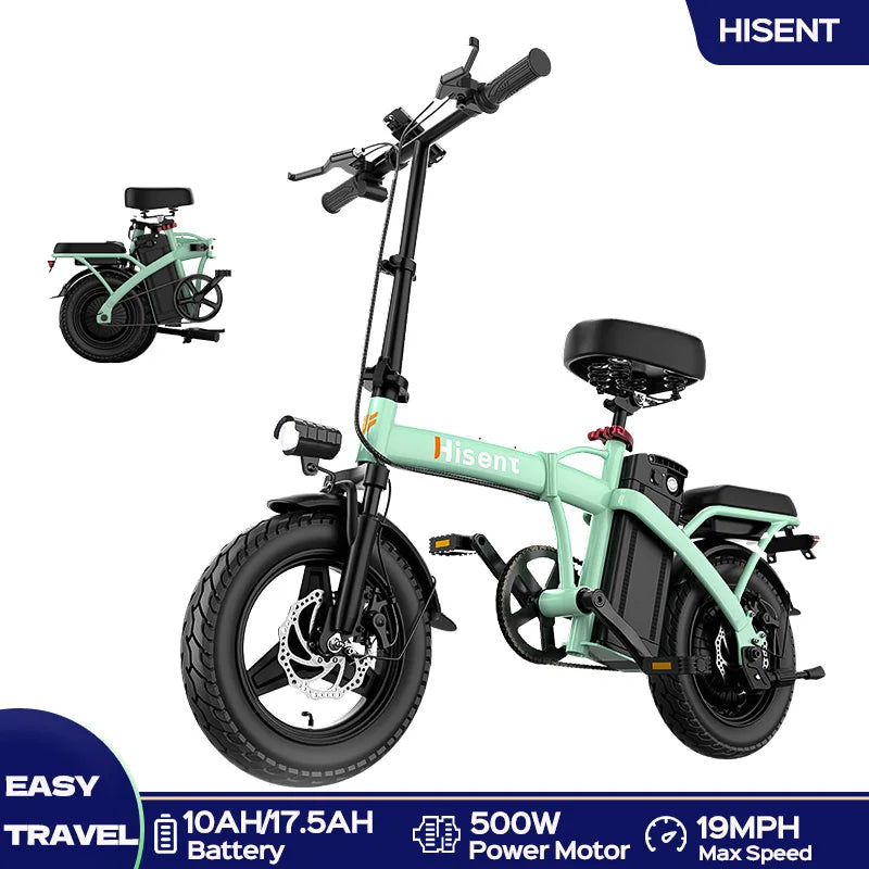 Hisent electric folding bike, 14 inches, 500W brushless motor, 48V 10AH/17.5AH battery available, different models.