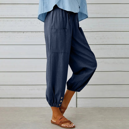 Cotton Linen Harem Pants Women Casual Elastic High Waist Lace Up Loose Ankle Trousers Vintage Harajuku Wide Leg Straight Pants