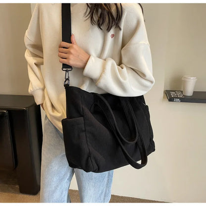 Corduroy Shoulder Bag - Large Capacity Crossbody Zipper Closure Purse