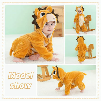 Baby Winter Rompers - Soft Polyester Hooded Jumpsuit With Animal Pattern, Machine Washable