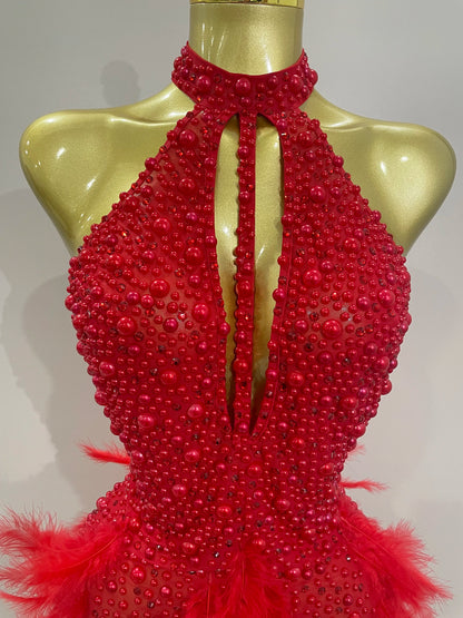 Backless Halter Dress - Women's Party Mini Sheath With Rhinestone & Feather Details