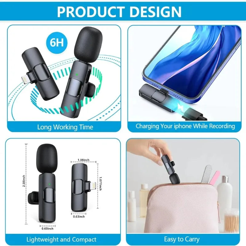 2 Pcs Wireless Lavalier Microphone, Mini Clip-on Mic for iPhone Android iPad, Crystal Clear Sound Quality