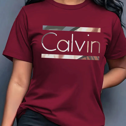 Women's Summer 100% Cotton Fashion Casual Calvin Letter Pattern Printed Loose Round Neck Short Sleeve T-shirt Top