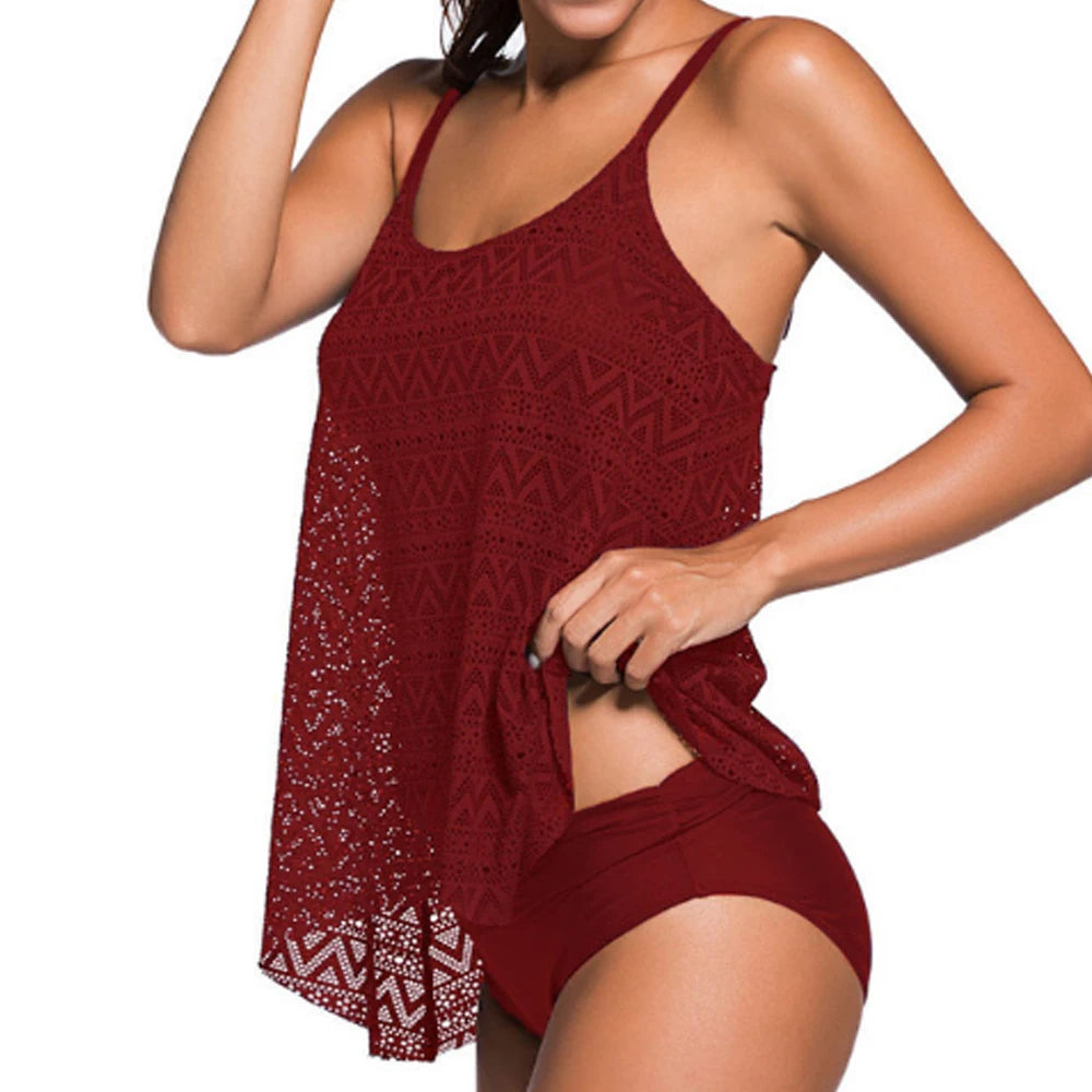 Plus Size Swimwear Women Black Tankini Tummy Control Swimwear Tank Top Retro Solid Swimsuit with Shorts Two Piece Bathing Suit