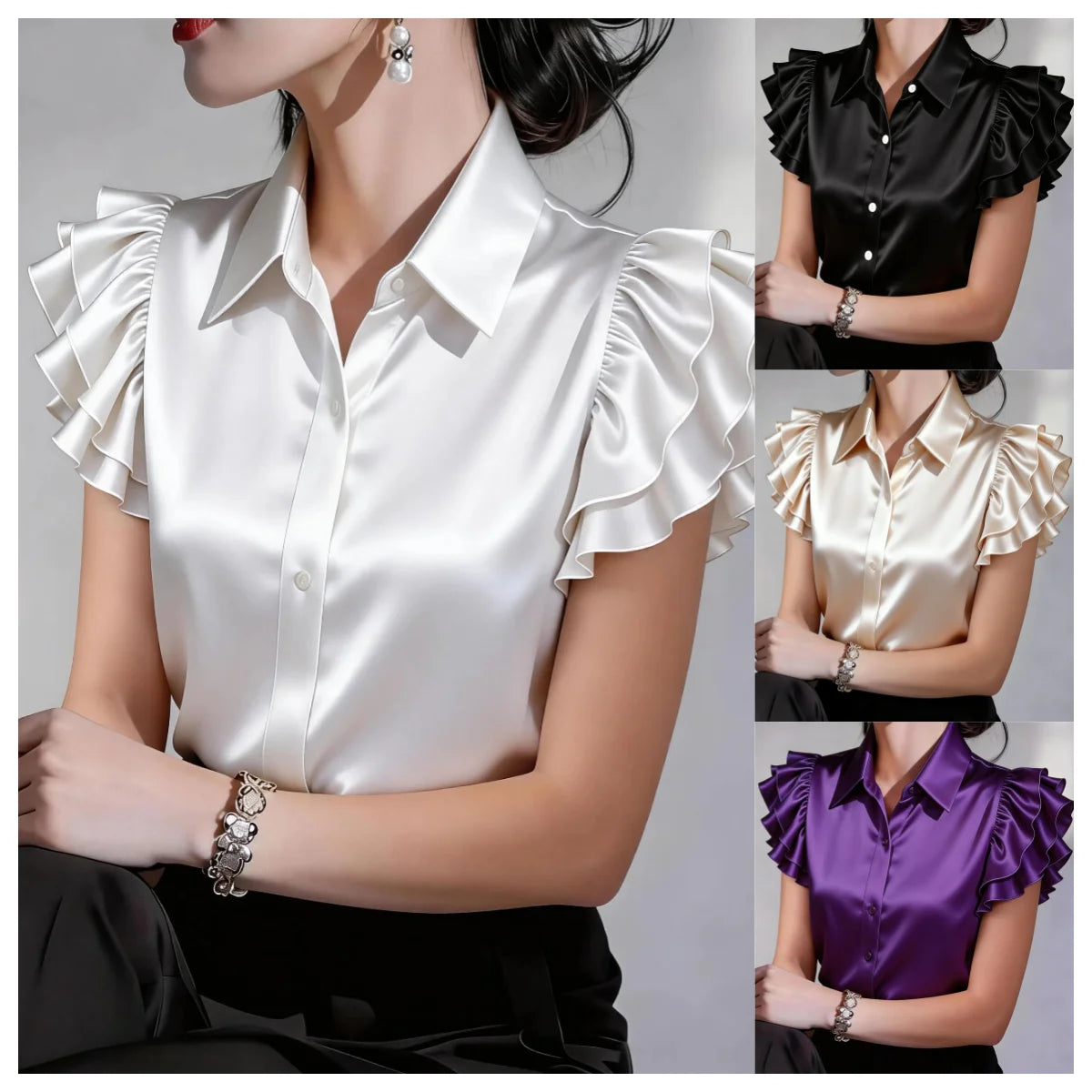 Elegant Satin Button Down Shirt for Women Ruffle Sleeve Collared Office Work Blouse