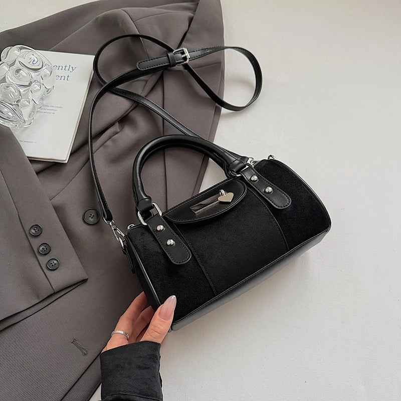 Faux Suede Shoulder Bag - Vintage Style Small Bucket Crossbody With Zipper Closure