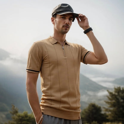 AIOPESON Men's Solid Color Sport Zipper Polo Shirt Athletic Social Polo Shirts for Men Office Slim Fit Polo