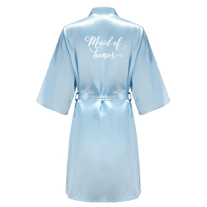 Light Blue Women's Satin Robe Short Kimono for Bride & Bridesmaid With White Letter, Wedding Party Robes
