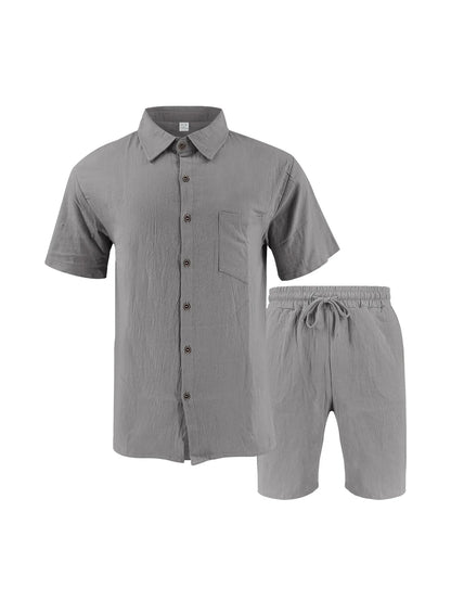 Summer Men's Solid-Color Linen Beach Suit, Lapel Button Short-Sleeved Shirt Paired With Drawstring Shorts, Casual 2-Piece Set