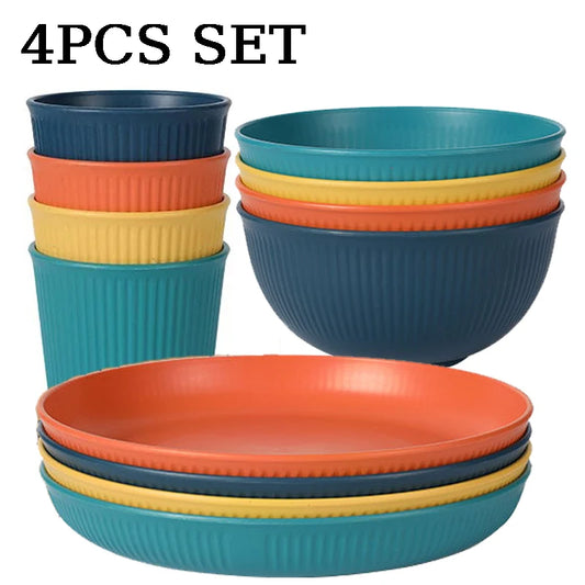 Eco-Friendly Wheat Straw Dinnerware Set - 4pcs Plates Cups Bowls for Home  Outdoor Use