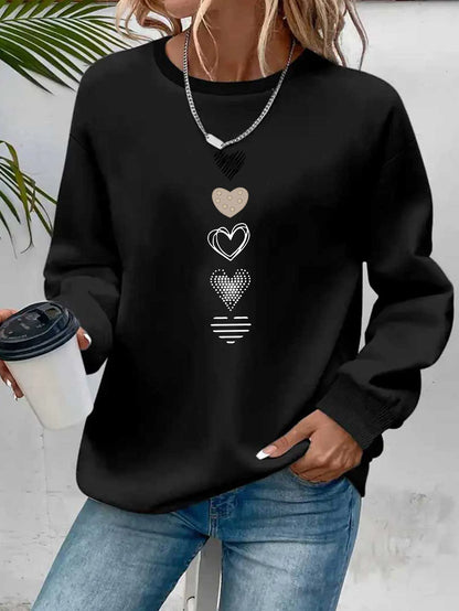 Women's Casual Heart Print Pullover Sweatshirt Geometric Design Long Sleeve Round Neck Machine Washable Regular Fit for Autum