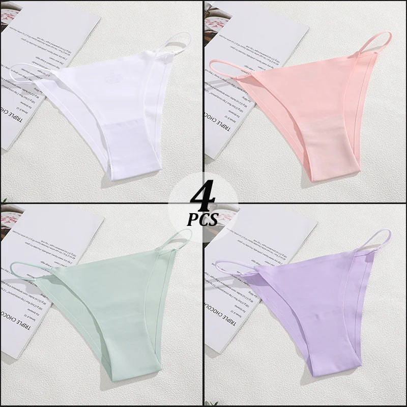 4PCS/Set Seamless Thin Strap Thong Underwear Women Low Rise Briefs Ice Silk Comfortable Panties Multi Color No Trace Lingerie