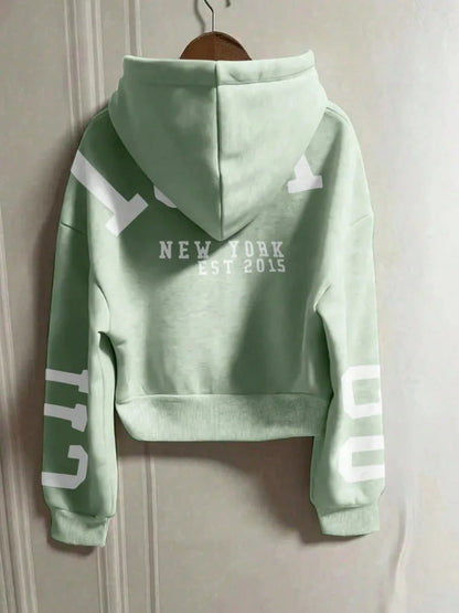 Women Y2K Crop Zip Up Hoodie Letter Print Oversized Long Sleeve Hooded Sweatshirt Casual Streetwear Short Jacket Outerwear