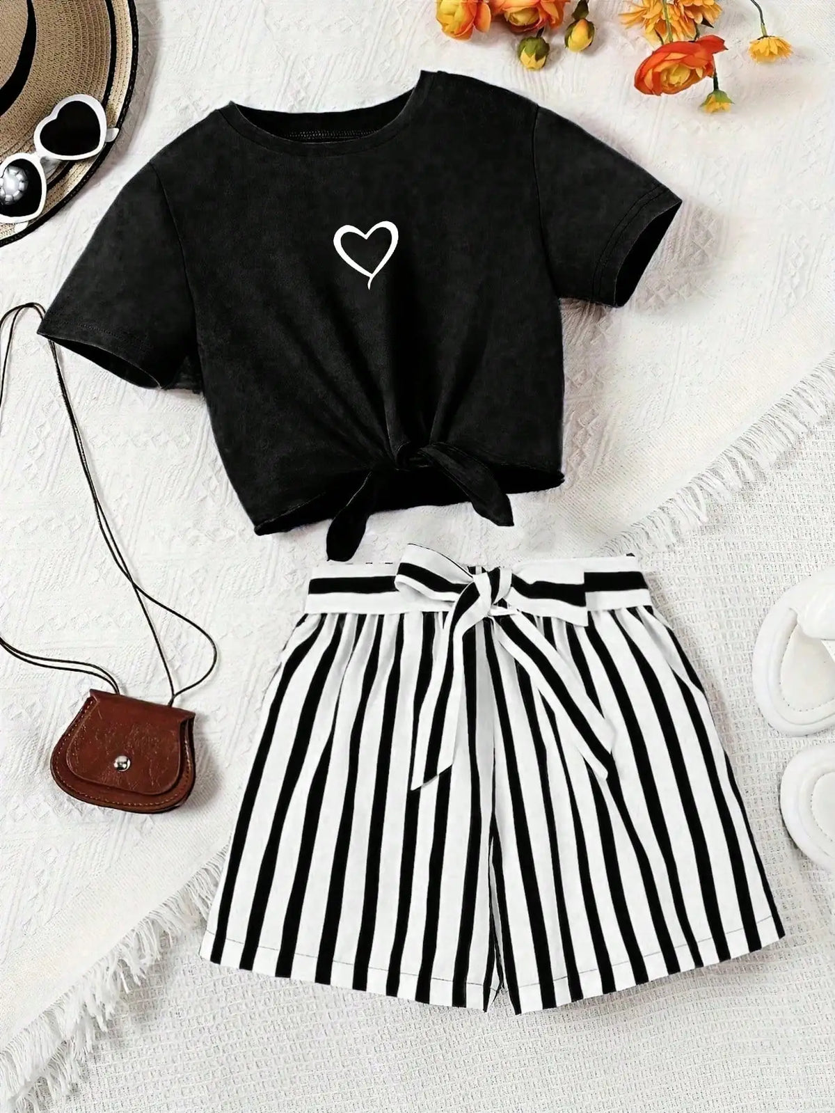 Women's casual daily short sleeved love printed+striped printed shorts 2-piece set with random belt striped children's clothing