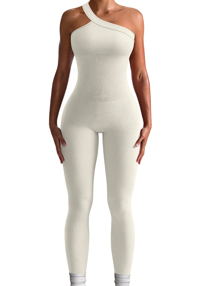 Women Yoga Jumpsuit – Ribbed One Shoulder Sleeveless Fitness One Piece, Breathable Activewear