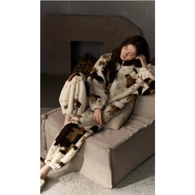 Thicken Coral Fleece Women's 2PCS Pajamas Set Loungewear Winter New Sleepwear Pijamas Suit Loose Casual Flannel Homewear Outwear