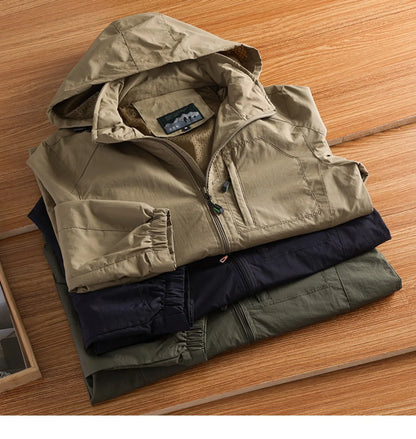 New Waterproof Hooded Jackets Men Casual Windproof Coat Autumn Lightweight Multi-Pocket Hiking Windbreaker Detachable Hat Jacket