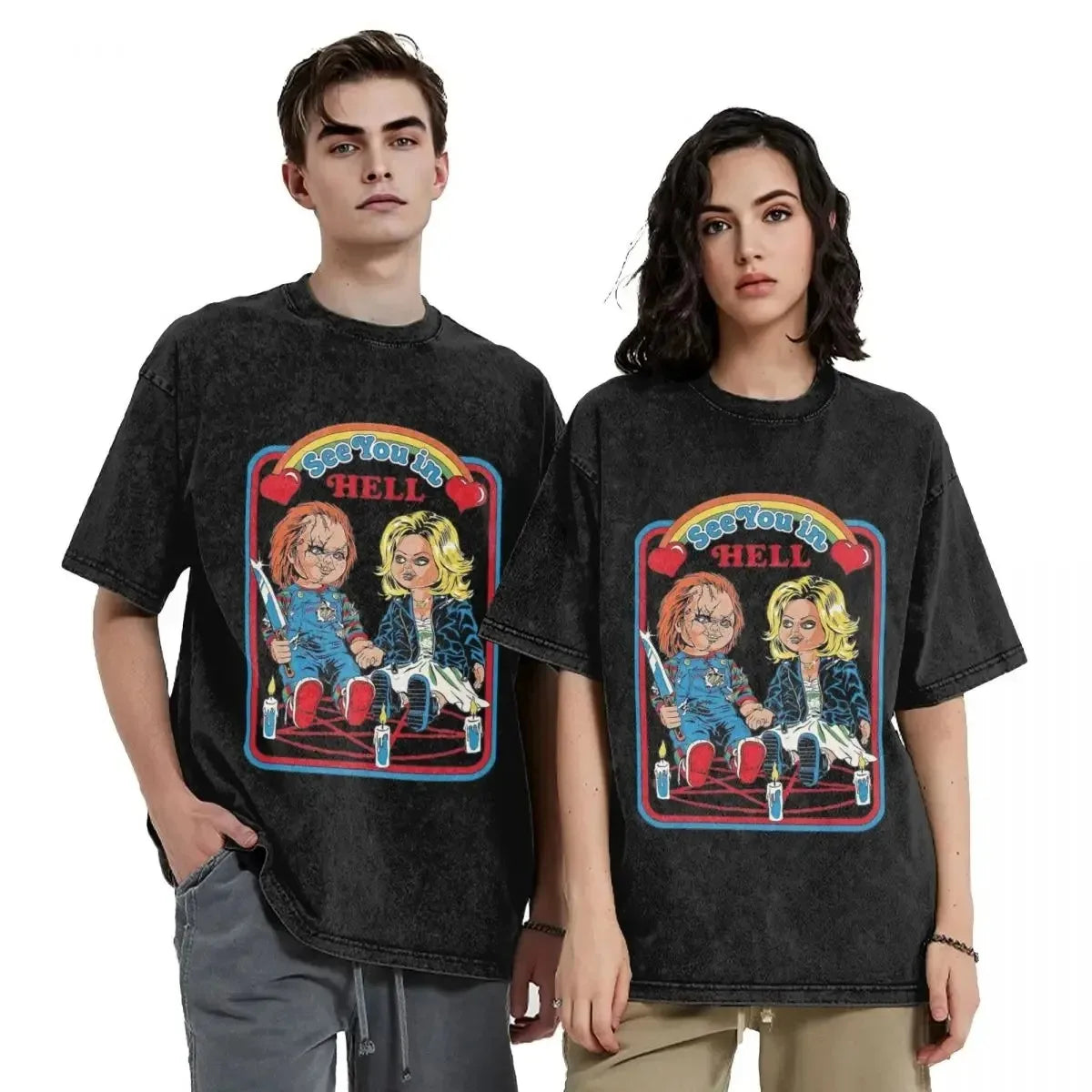 Chucky and Tiffany Halloween T-Shirt - Casual Oversized Tee for Men and Women - ZOOMNSTORE