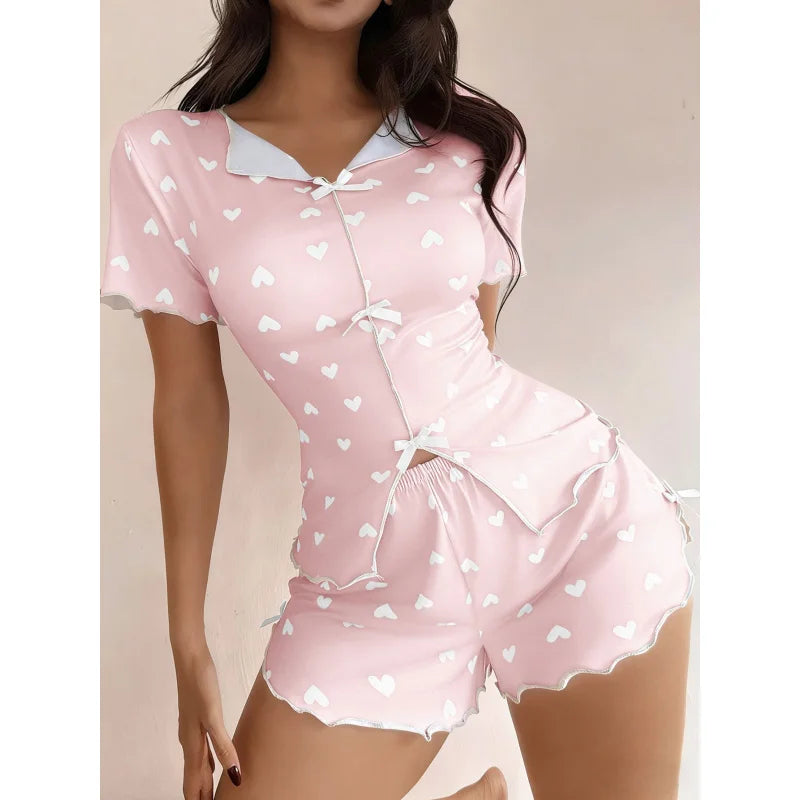 New Summer Women's Pajamas with Love Printed Collar, Short Sleeve Bow, Slim Fit, Comfortable and Soft Women's Home Clothes