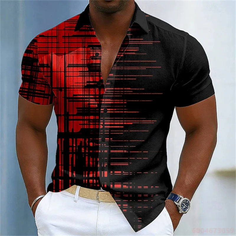 Men's color-blocked abstract striped short-sleeved shirt, summer fashion casual men's shirt, Hawaiian shirt, sizes XS-6XL.