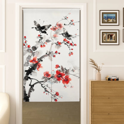 Japanese Door Curtain - Cherry Blossom Curtain With Kanagawa Wave Design | Linen Door Panel