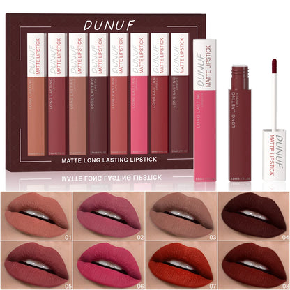 Matte Lip Gloss 8pc/set-Waterproof Long Lasting Non-Stick Cup Liquid Lipstick Kit Nude Bold Shades Moisturizing Lip Tint Makeup