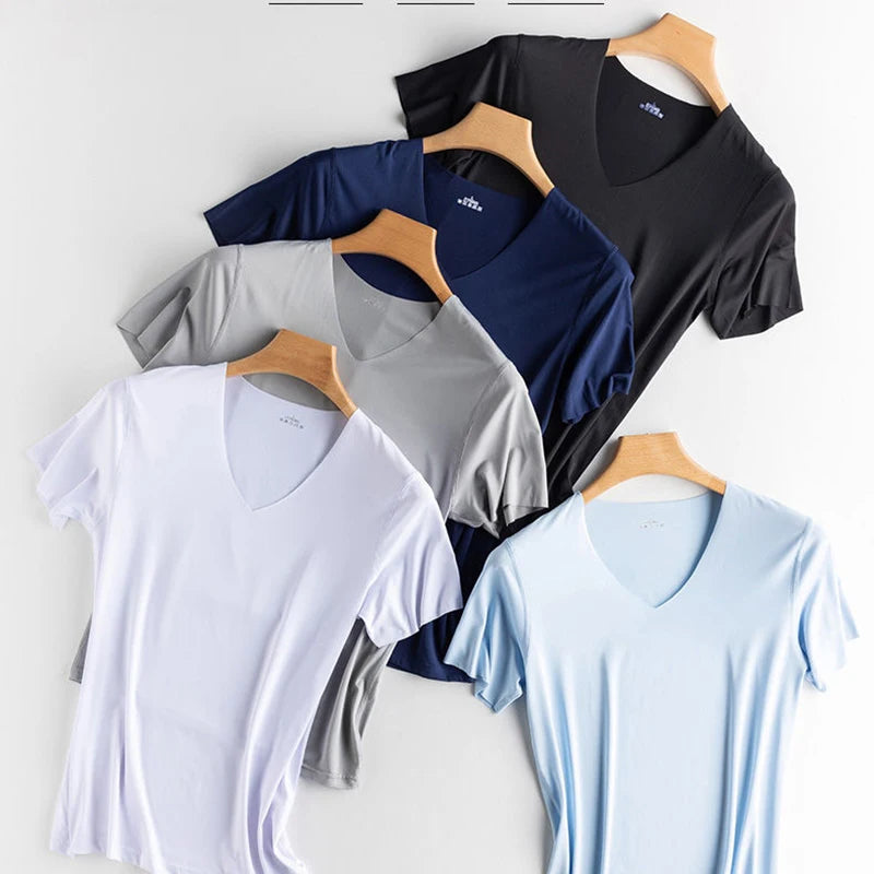 Men's Ice-Silk V-Neck T-Shirt – Seamless Breathable Sports Tee (M–5XL)